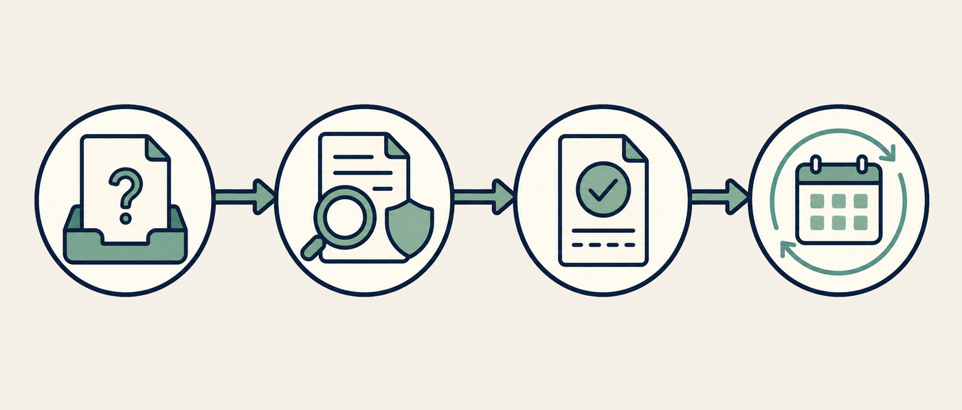 Entscheidungsweg f&uuml;r eine KI-Protokollvorlage in sozialen Organisationen: KI-Idee kl&auml;ren, Datenschutz und Risiken pr&uuml;fen, Entscheidung dokumentieren und Review planen