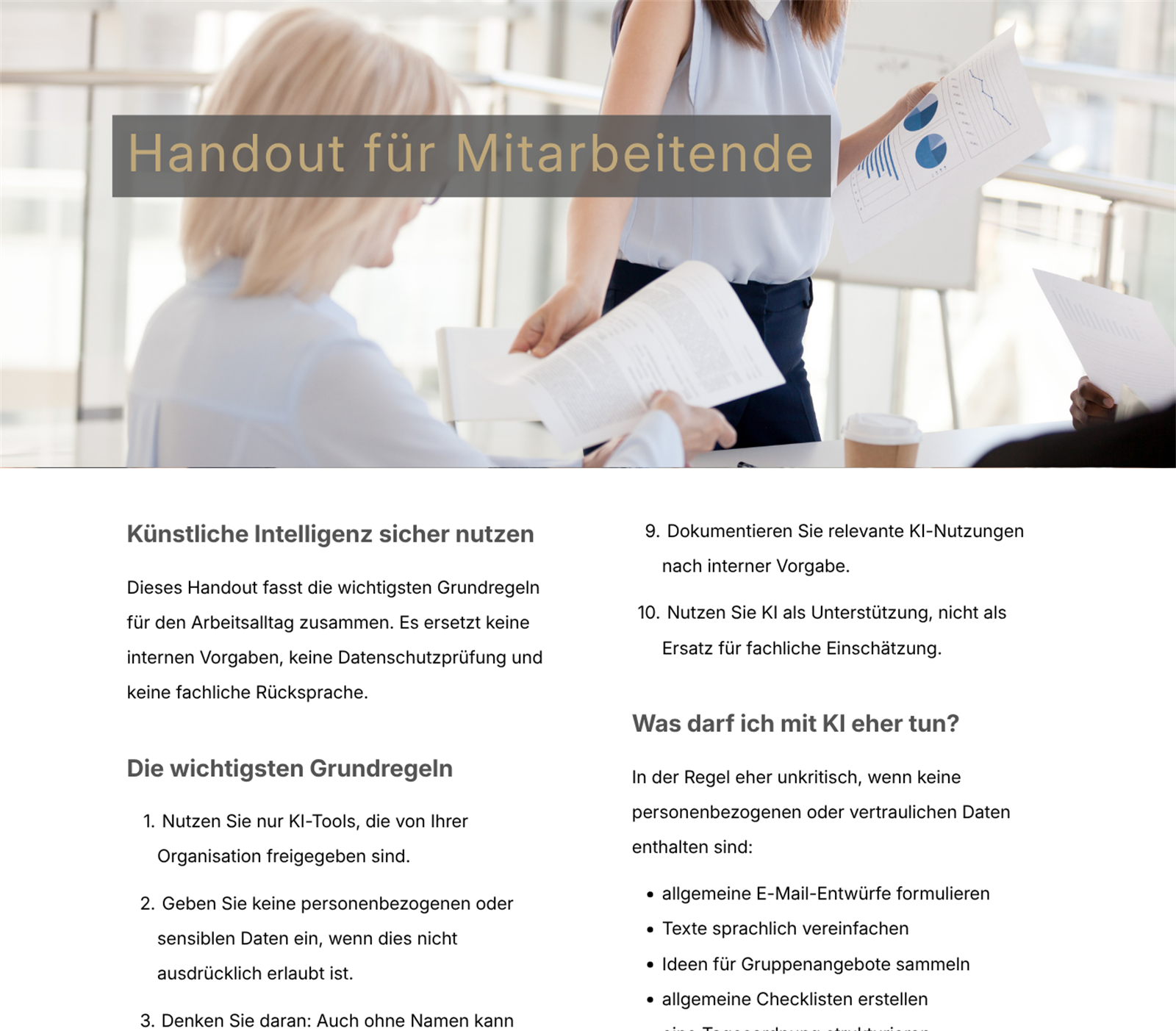 Handout für Mitarbeitende Künstliche Intelligenz sicher nutzen in sozialen Einrichtungen